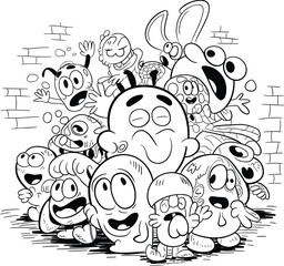 Fototapeta premium Group of cartoon monsters with big eyes and smiles
