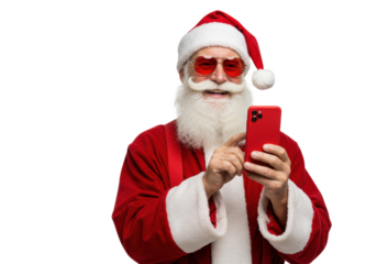 elderly caucasian santa in velvet suit, red suspenders, and mirrored sunglasses, joyfully using a red smartphone on a transparent background with copy space. concept of modern holiday technology.