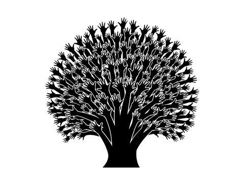 A striking black and white illustration of a tree whose branches and leaves are formed by numerous raised hands.