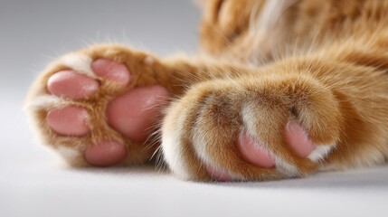 Close-up of Ginger Cat Paws: Soft Pink Pads and Furry Toes on Light Background