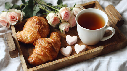 Romantic breakfast flatlay with croissants, cup of tea, heart-shaped sweets and pink roses on wooden tray, perfect for Valentine&rsquo;s Day or cozy morning moments