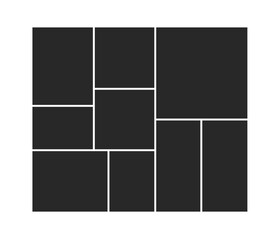 Eight dark rectangular frames arranged in a complex square grid layout for a photo collage or montage template.