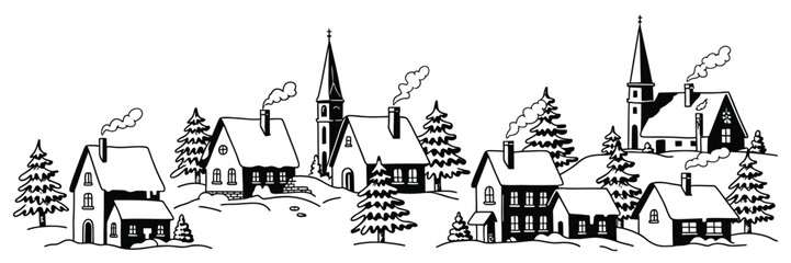 Fototapeta premium Christmas Village Doodle Set Featuring Hand-Drawn Winter Holiday Houses, Snowy Forest Elements, Countryside Landscape Scenes, and Cozy Ink Brushstroke Illustrations for Seasonal Prints