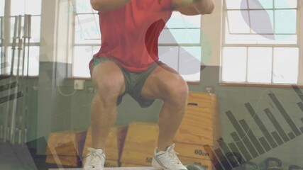 Man landing on plyo box, stabilizing and squatting, training balance with overlaying gym charts