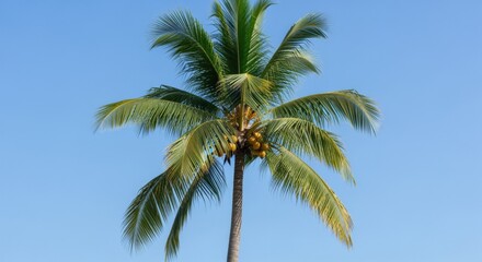 Obraz premium Tropical Coconut Palm Tree Against a Clear Blue Sky, Showcasing Vacation Vibes and Summertime Scenery