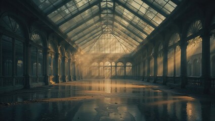 Naklejka premium Abandoned greenhouse bathed in golden sunlight and atmospheric mist