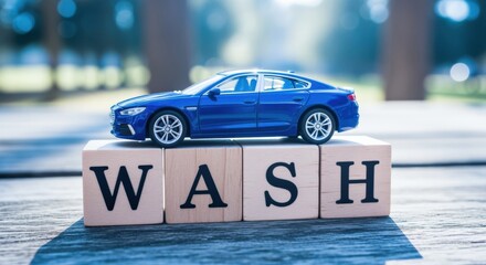 Car Wash Concept: Blue Sedan Model on Wooden Blocks Spelling Wash, Automotive Detailing