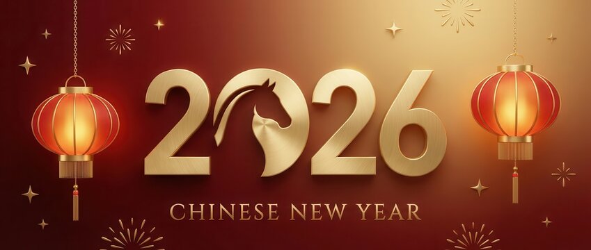 Happy Chinese New Year 2026 Golden Horse Design with Lanterns.