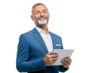 Smiling mature businessman holding a digital tablet, isolated on white background, png