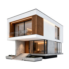Modern luxury minimalist house exterior 3D render for real estate design, contemporary residential architecture, premium property visualization isolated on transparent background
