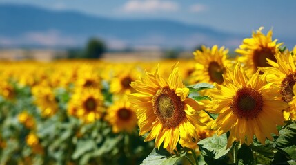 Obraz premium Vibrant Sunflower Field Under a Summer Sky: Agriculture, Beauty, and Natural Landscape