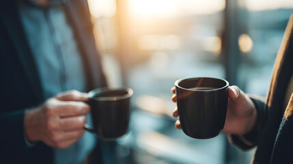 Office coffee break, only hands holding mugs, no faces, blurred corporate background, warm sunlight, natural candid moment, shallow depth of field, clean professional stock photography style