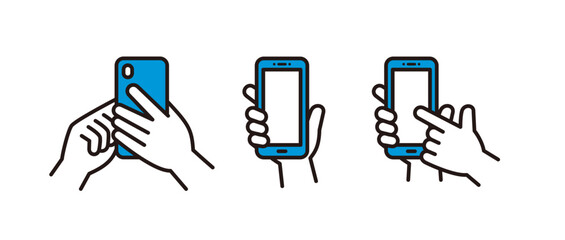 スマートフォンを持つ・操作する・画面を見せる手の、シンプルなベクターイラストアイコンセット