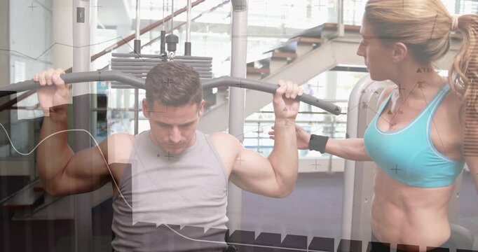 Man gripping wide bar, doing lat pulldown reps as woman spotting for fitness, overlays obscuring