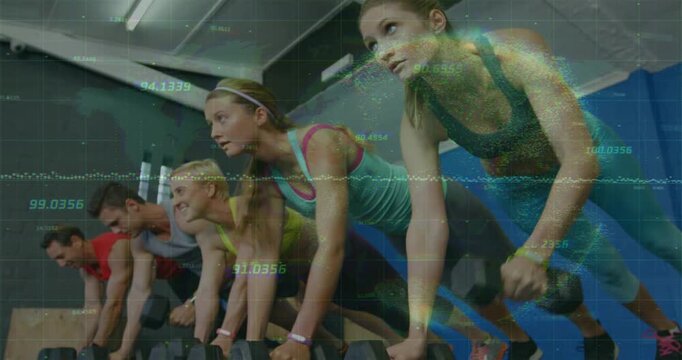 Fitness group starting set doing single-arm rows with hex dumbbell for strength HUD obscuring group