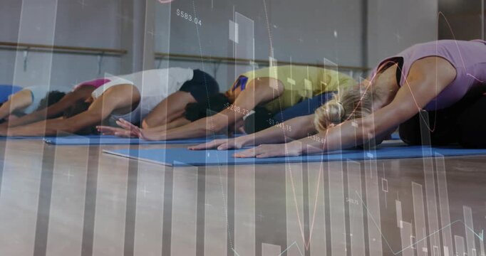 Five peers kneeling, starting forward fold on blue mats for relaxation, financial charts overlaying