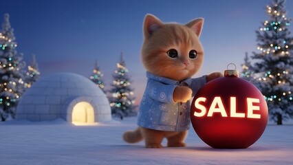 Kitten Holding Sale Ornament in Snowy Landscape