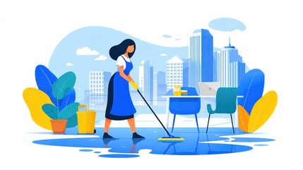 A person mops the floor in a modern office setting, surrounded by plants and cityscape, showcasing cleanliness and a vibrant work environment.