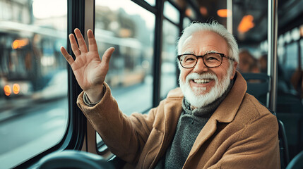 An elderly man on the bus greets passengers in a friendly manner