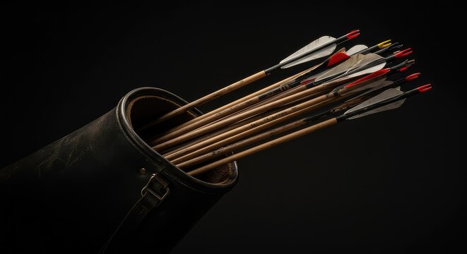 A quiver filled with worn but functional arrows ready for the next session, emphasizing resourcefulness and sustainable archery practice ,preparation ,resource ,efficiency