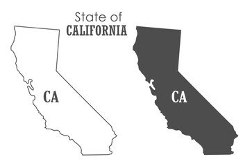 California. The outline and silhouette of the state with the abbreviated abbreviation of the name. The state border. A template for the design of printed products