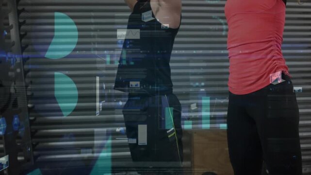 Training pair starting quarter squat, doing med ball squat press for fitness with charts appearing