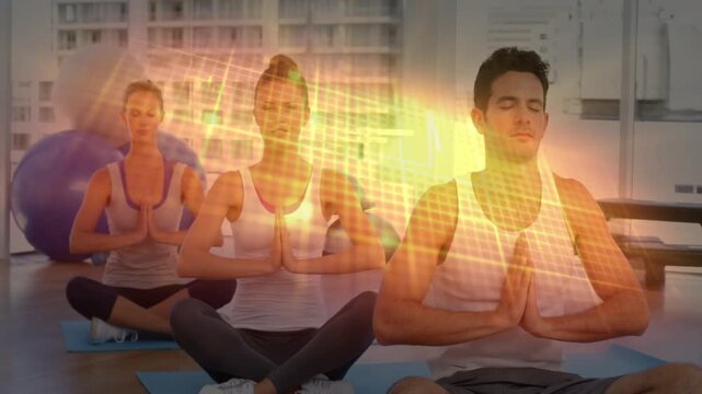 Trio practicing yoga sequence ending prayer pose for calm, orange grid cueing, purple ball