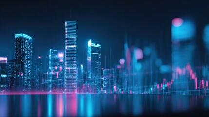 Futuristic Cityscape at Night with Glowing Skyscrapers and Stock Market Graph Overlay Visualizing Financial Data