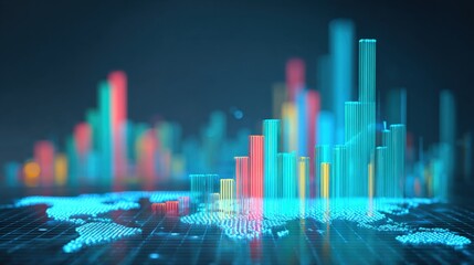 Global Market Analysis: 3D Render of Financial Growth Bar Chart Over World Map