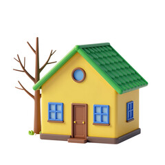 Yellow House with Green Roof and Brown Door Illustration