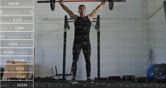 Male lifter unracking, jerking bar overhead, doing wide squat while finance ticker tracking metrics