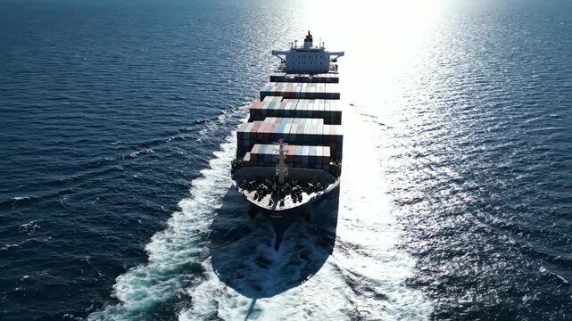 Container ship laden with cargo moves through a body of water leaving a trail