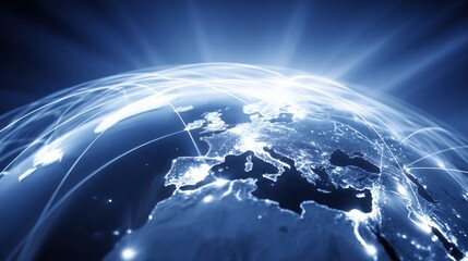 Global Network Connection: Futuristic Globe with Illuminated City Lights and Flowing Data Streams in Blue