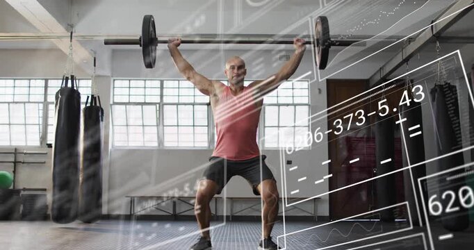 Male athlete initiating hip drive, performing full snatch for strength in gym, HUD showing numbers
