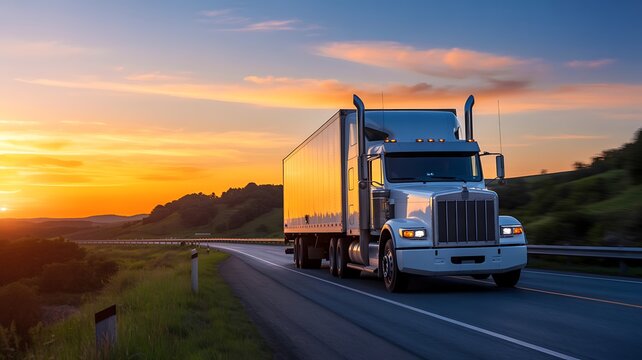 A sleek white semi truck drives on a highway during a vibrant sunset with rolling hills and a beautiful orange sky.