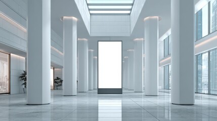 Naklejka premium Modern Lobby Interior with Blank Advertisement Board, Large Windows and Columns, Mockup for Commercial Use