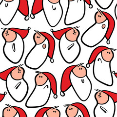 Seamless vector pattern with Santa claus faces and heads. A fun pattern for Christmas and new year, packaging and festive background. Different human emotions, sadness, anger, delight, joy.