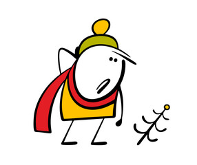 Cartoon sad customer looks at the latest product in the store. Vector illustration of a bald Christmas tree without needles. The confused stickman arrived late at the toy store and was ruined.