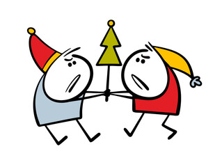 Two boys are fighting over a Christmas tree. Vector illustration of greedy dwarves or elves snatching a toy from their hands. Quarrel, the holiday is ruined.