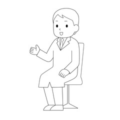 椅子に座り、話す医師のイラスト（白黒線画）