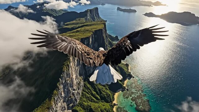 Majestic eagle gliding effortlessly above rugged island mountains, ocean shimmering below, soft drifting clouds framing its wings, dramatic aerial perspective, cinematic 4K HD wildlife footage