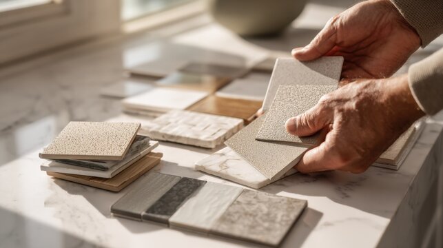 Interior Designer Selecting Tile Samples for Renovation Project, Examining Textures and Colors, Home Improvement Ideas