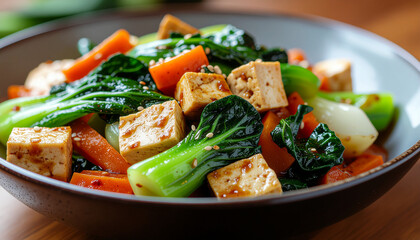 close-up of a traditional asian vegetable stir-fry with carrots, bok choy, and tofu