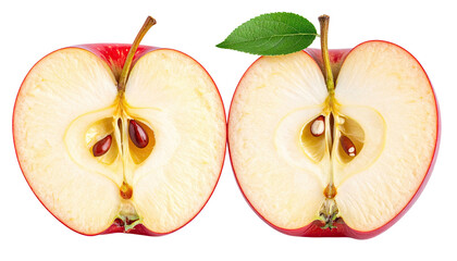 Two halves of a ripe red fruit showing seeds and a green leaf