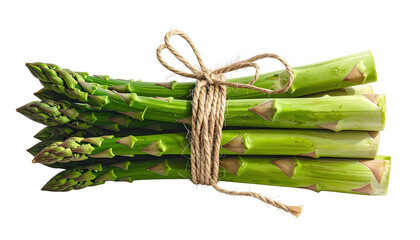 A bunch of vibrant green asparagus spears tied with twine on black