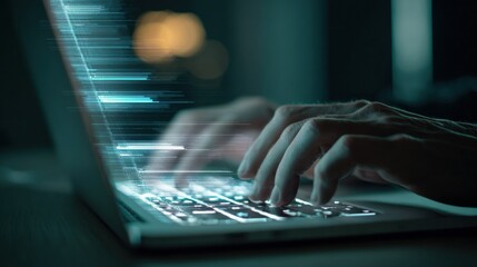 Close-up of Hands Typing on Laptop Keyboard with Abstract Digital Overlay, Representing Cybersecurity