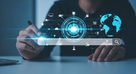 Digital Search Interface Concept: Man Interacting with Futuristic Technology and Global Network Visualization for Online Connectivity