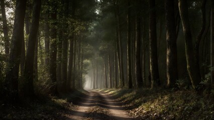 Obraz premium Serene forest path bathed in morning light, misty trees create tranquil atmosphere. Perfect for nature lovers and peaceful escapes.