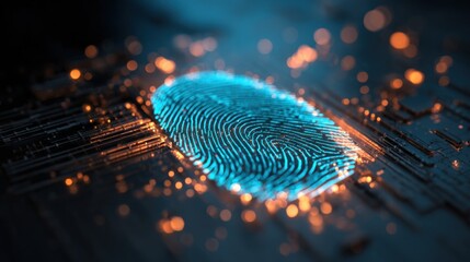 Futuristic Fingerprint Scan: Biometric Security Interface on a Circuit Board with Glowing Data Particles