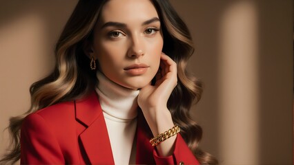 Obraz premium Elegant woman in red blazer and white turtleneck, styled with gold jewelry. Professional portrait for fashion and business aesthetics.